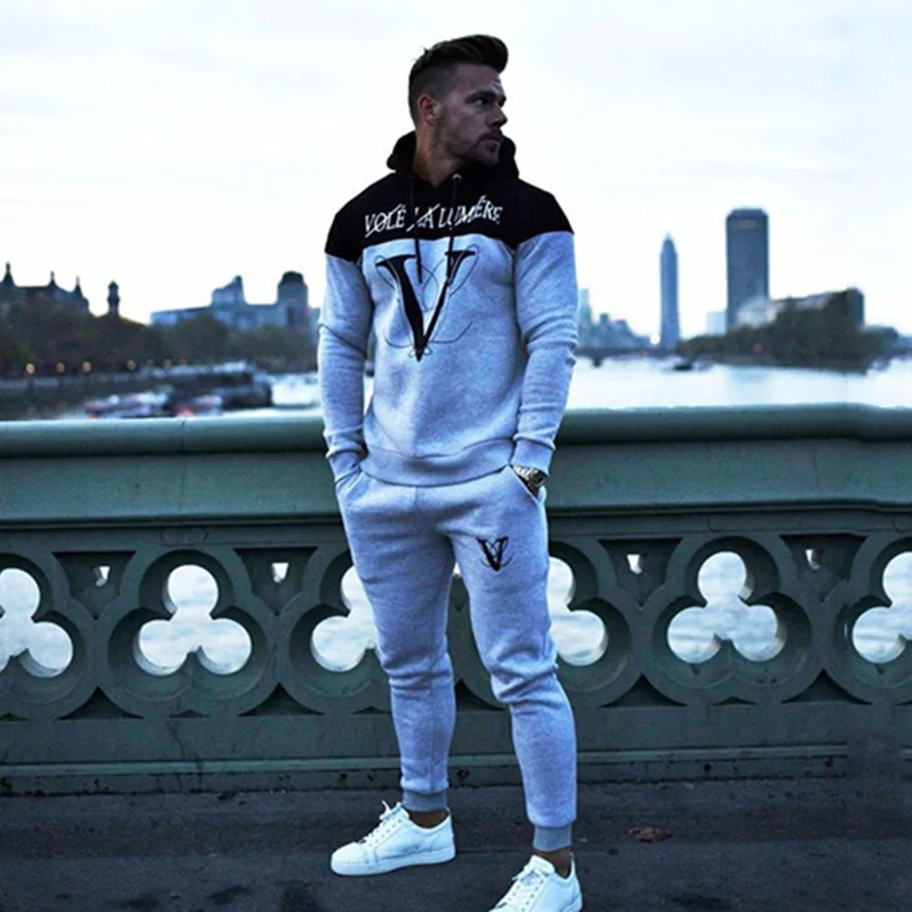 Autumn winter men's fitness hooded tracksuits Loose running training casual hooded coats+fashion pure color pants Jogger suits