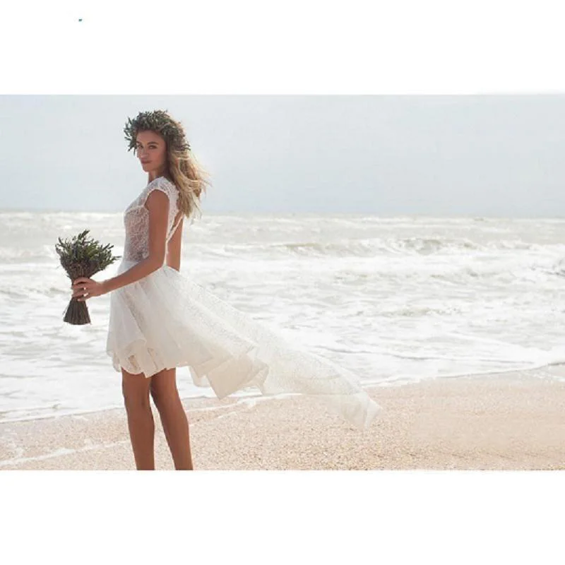Летнее пляжное свадебное платье в стиле бохо короткое спереди длинное сзади