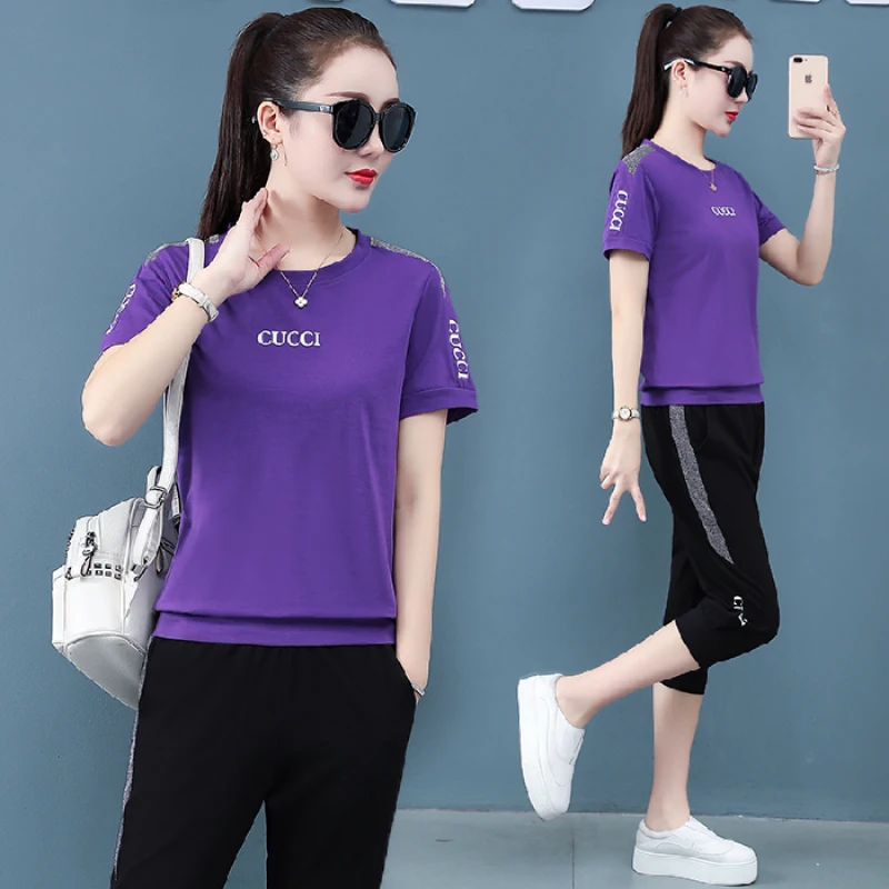 

Casual Two Piece Set Short Sleeved Sports Summer New Running Cropped Pants and Trousers Suit Blue Purple Red Black Clothes