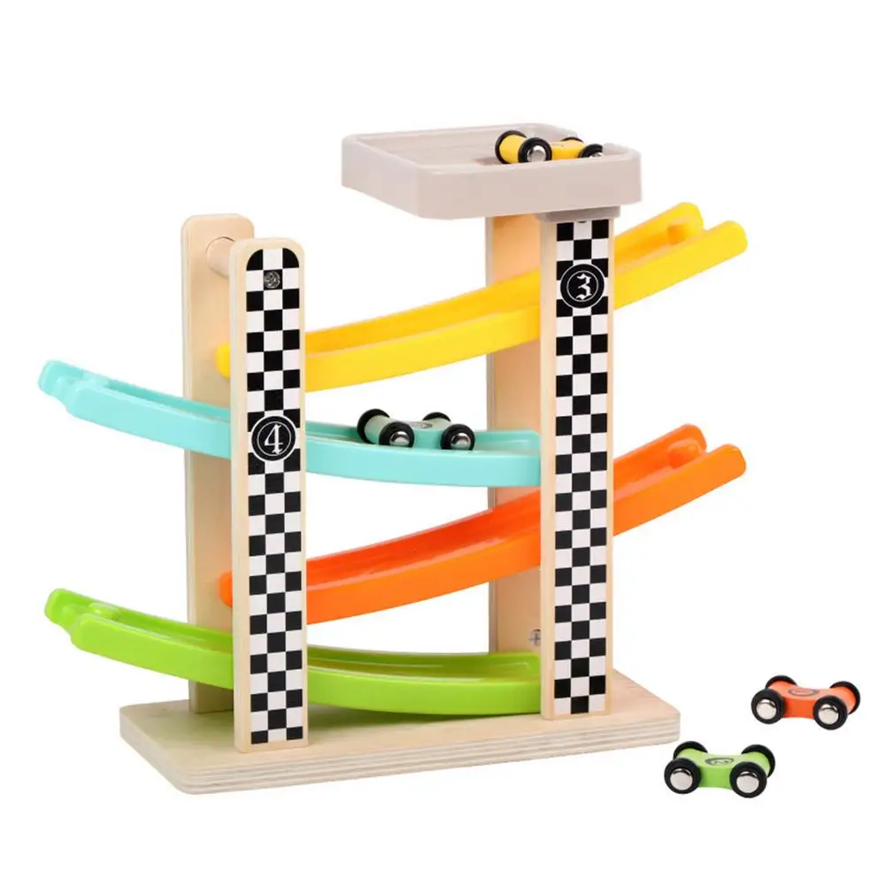 

Wooden Track Car Toys Gliding Cars Race 4 layers Slider Ladder Slot Track Play set for Kids Turn back Ramp Car Racing Games Gift