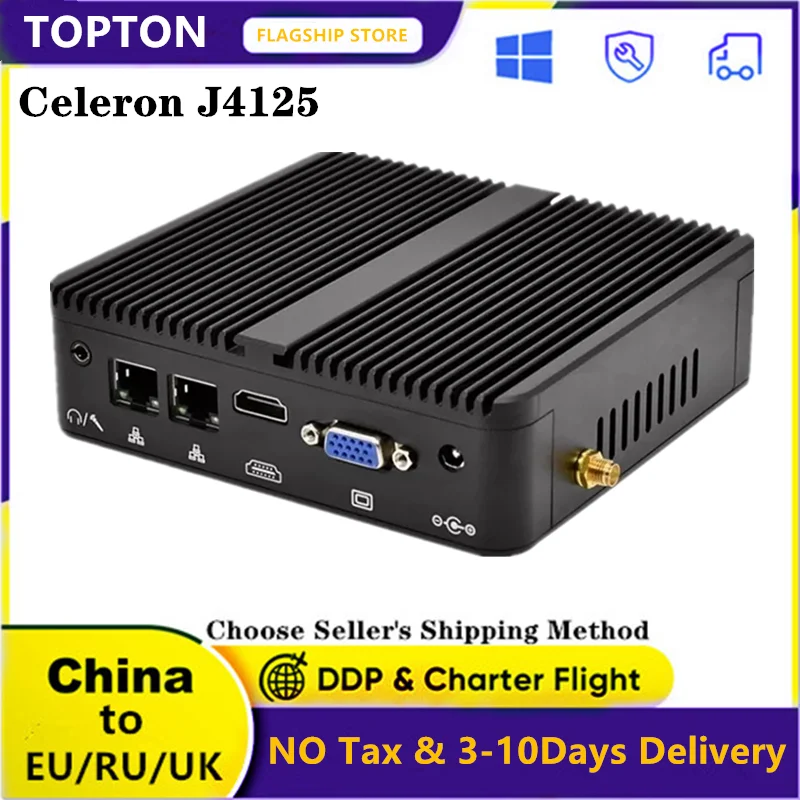 Topton Cheap Fanless Windows 10 Mini PC Intel Celeron J4125 Quad Core N2840 Industrial Computer Dual Gigabit LAN Dual RS232 WiFi