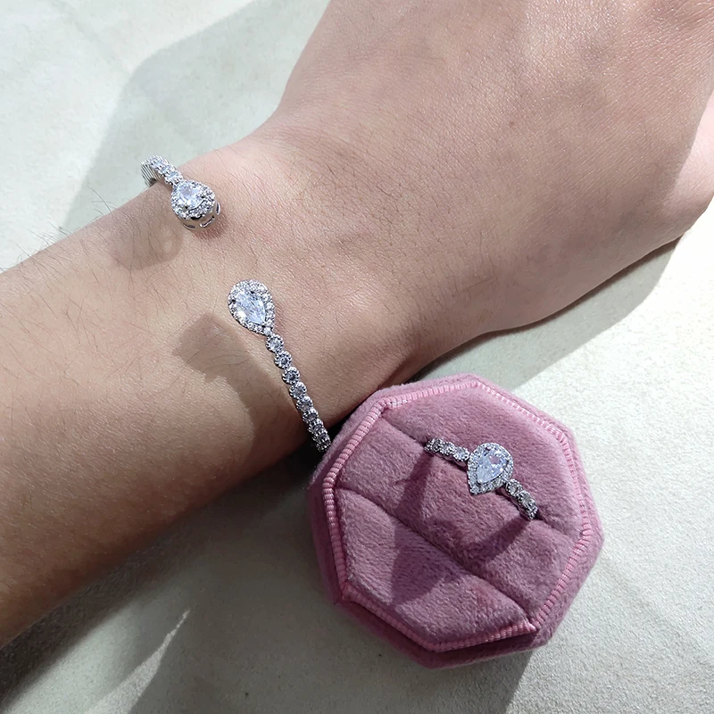 

2pcs Per Set Luxury Silver Color Drop Shape Anniversary Gift Jewelry for Women Dazzling Zircon Open Ring Bracelet Drop Shipping