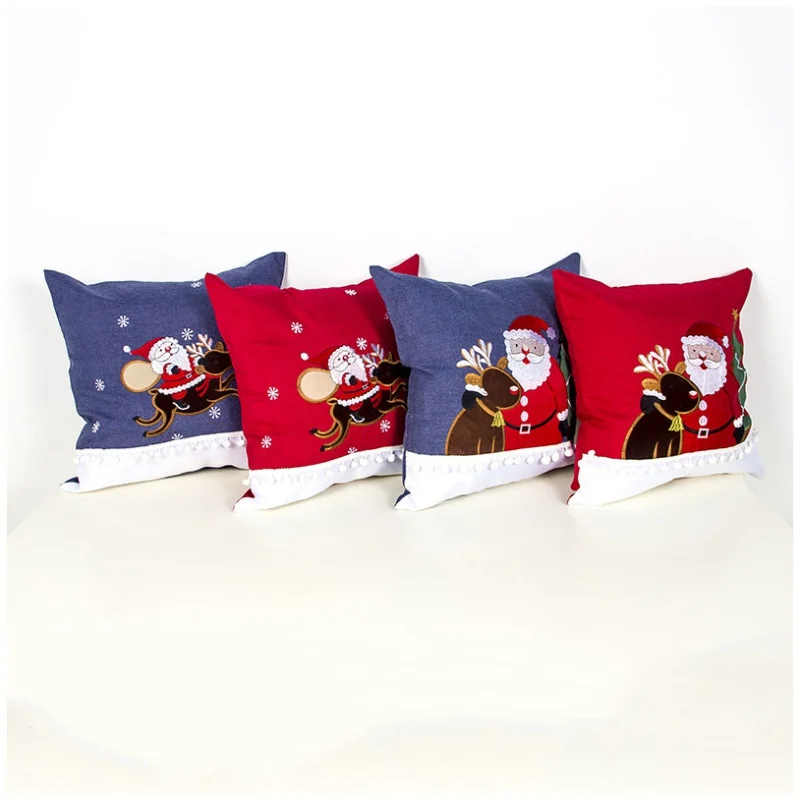 Xmas Embroidered Decorative Pillowcase With White Pom Balls Christmas Throw Pillow Cover Cushion Case 112G | Дом и сад