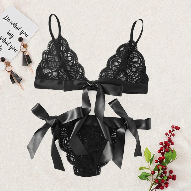 New 3 Colors Sexy Bra Set Women Lace Deep V Ribbon Bow Hot Erotic Lingerie Sets Push Up Intimates Hollow Underwear | Женская одежда