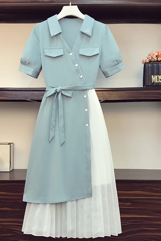 

SuperAen Plus Size 2021 Summer New Waist Thin Irregular Patchwork Folds Mid-Calf A-LINE Casual Dresses Women