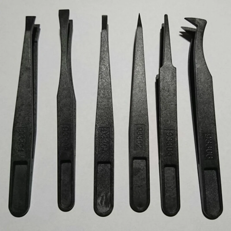 

6pcs High Quality Black Straight Flexibility Portable Bend Anti-static Plastic Tweezer Heat Resistant Repair Tool