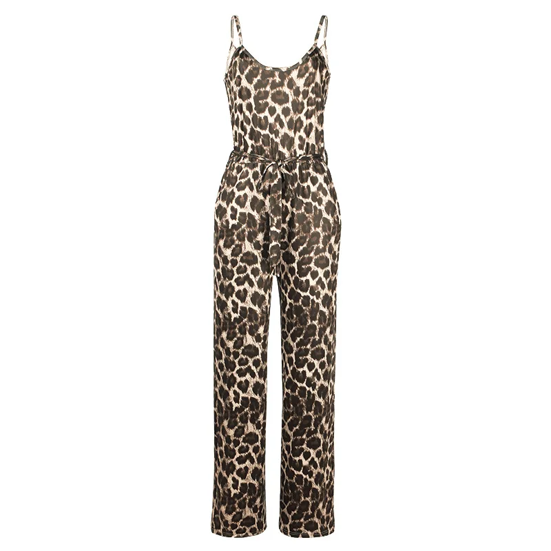 

Donsignet Fashion Women's Jumpsuit Summer Casual Round Neck Strap Leopard Print Wide Leg Sleeveless Jumpsuit Knitted