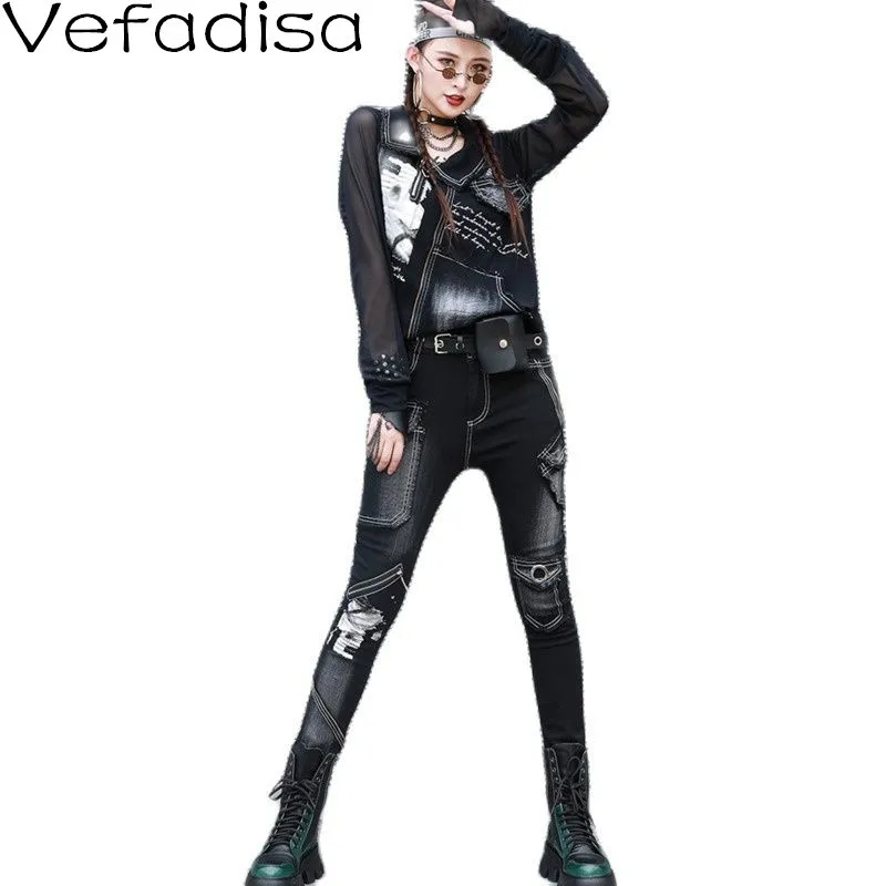 

Vefadisa Streetwear Mesh Patchwork Denim Set Women 2021 Autumn Fashion Print Female T-shirt + Spliced Pencil Pants Black QYF6511