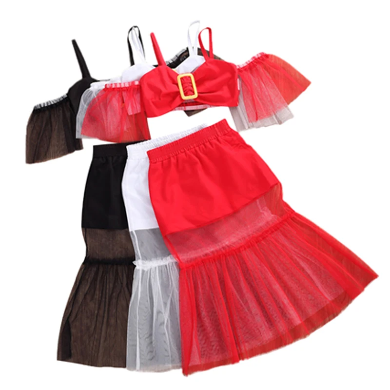 

Детская юбка Pudcoco, комплект из 2 предметов для маленьких девочек, длинная сетчатая юбка, короткий топ с открытыми плечами и сетчатая юбка, ком...