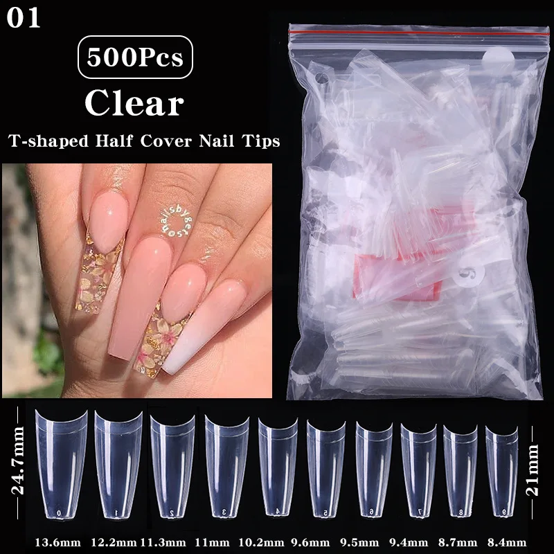 

Nails Extension Acrylic Clear Nail 500Pcs Quick Building Fake Nail Half Cover Long Straight Beauty French Nail DIY Art