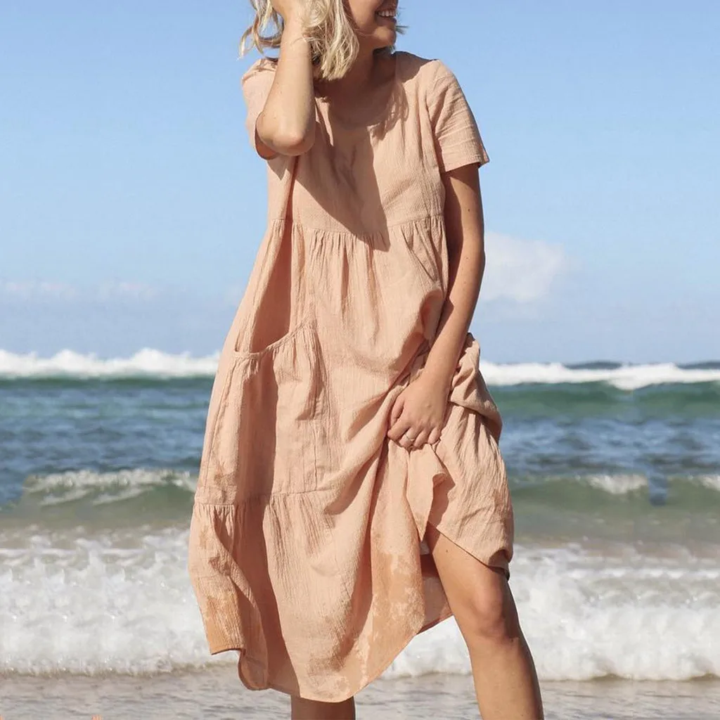 

2021 Cotton And Linen Dress Women Solid O-neck Short Sleeve Pockets Loose Dress Holiday Beach Casual Dresses