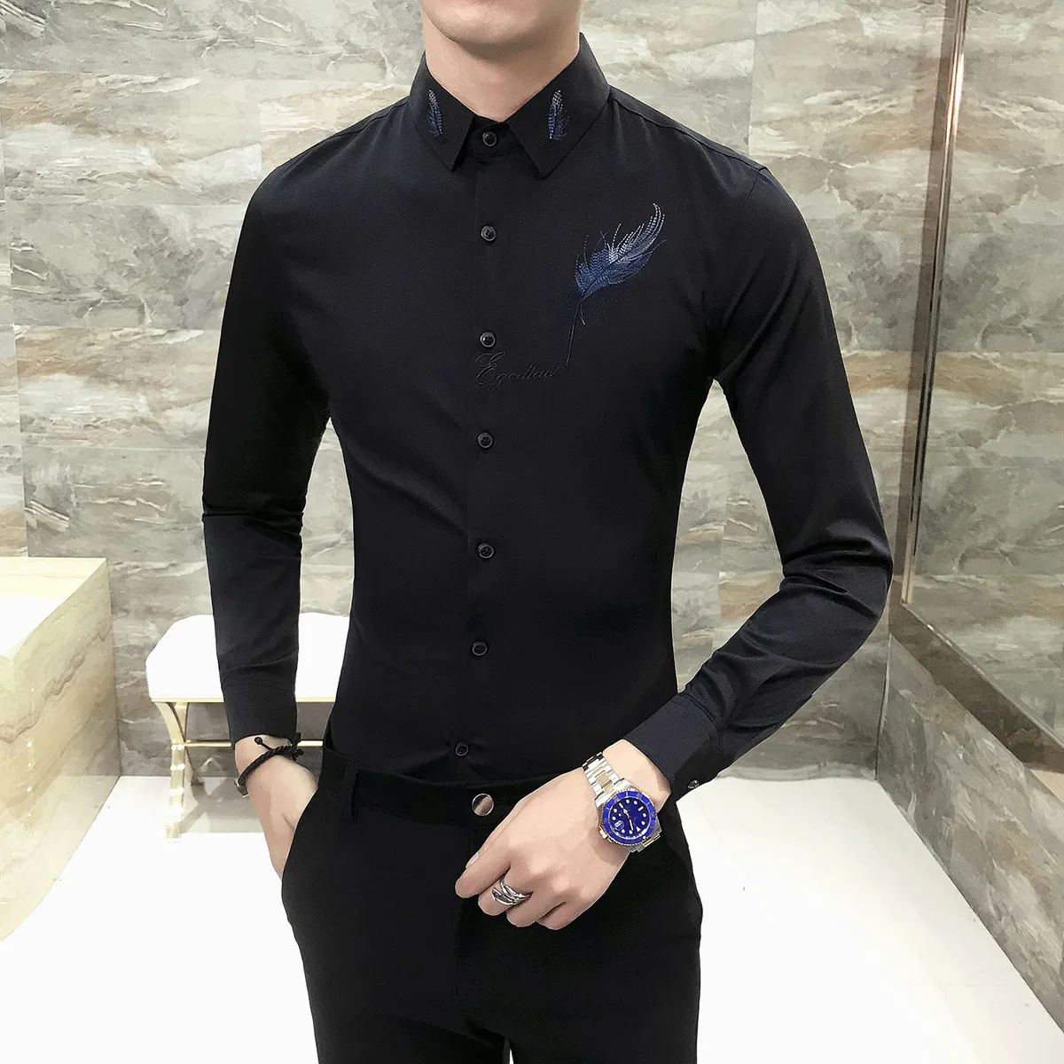 Модные мужские вечерние рубашки, мужские рубашки с длинным рукавом Camisa Social Masculina, мужские черные белые Клубные рубашки с вышивкой
