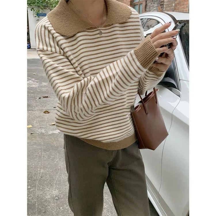 

Fashion Lapel Striped Sweater Women's Autumn and Winter Wild Loose Slim Sweater Long Sleeved Cropped Sweater Tops