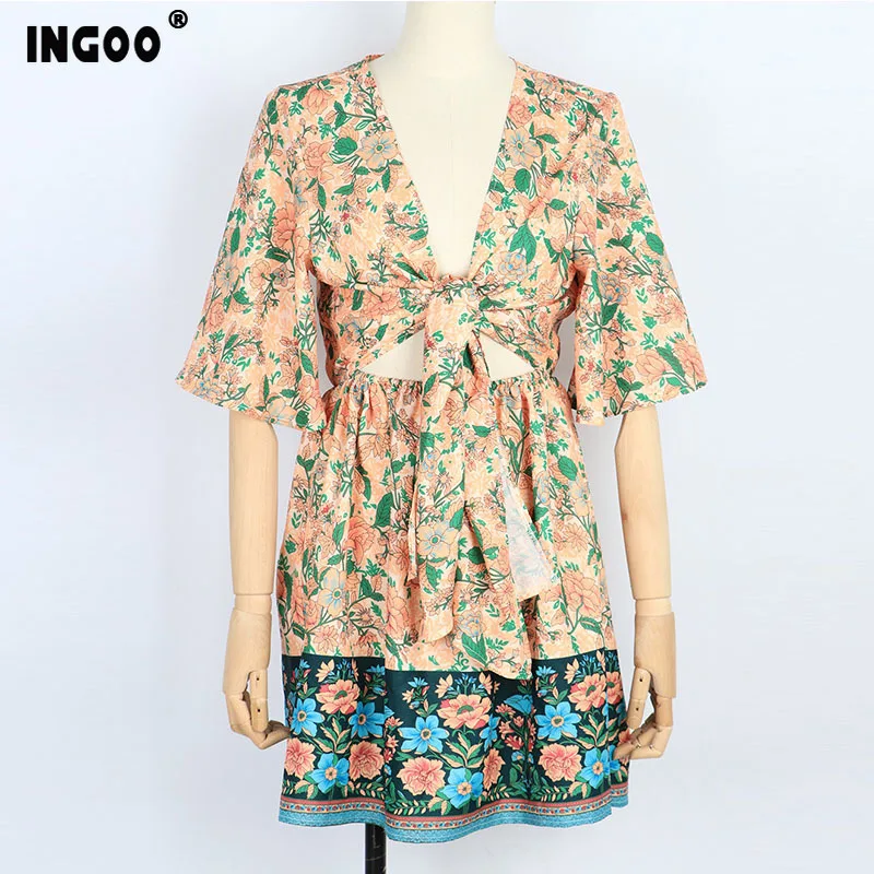 Женское платье INGOO в богемном стиле с коротким рукавом и расклешенным пупком лето