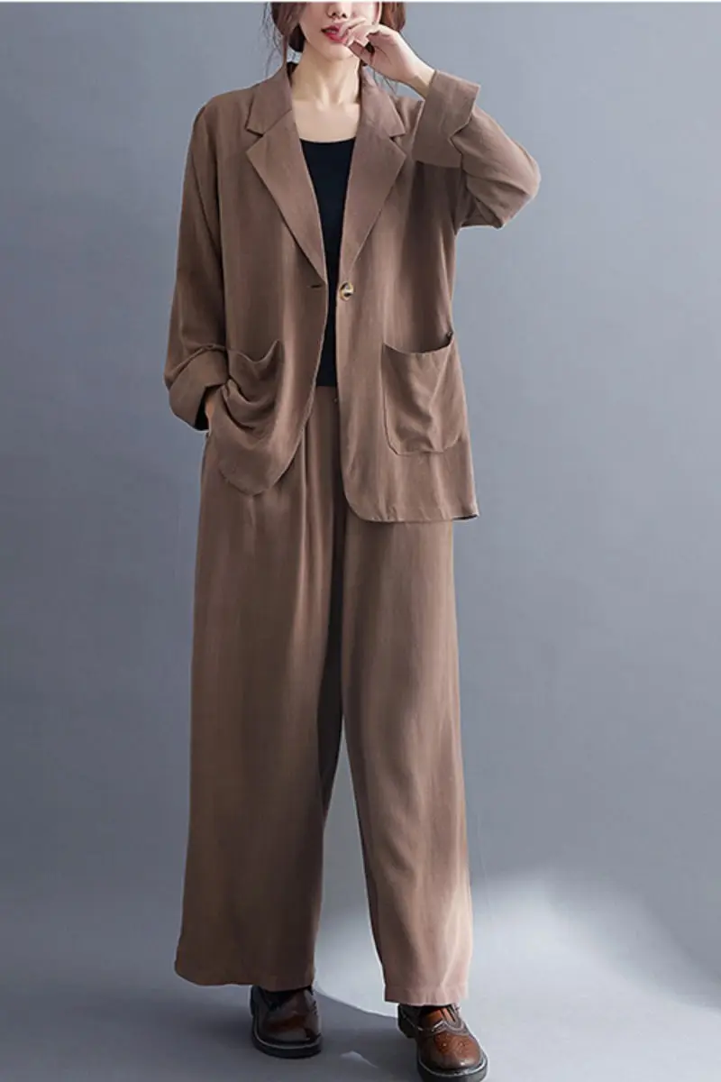 

Two Piece Set Outfit Women Spring Big Size Loose Fashion Cotton And Linen Suit Jacket Casual Wide Leg Pants Female Blazer zh276