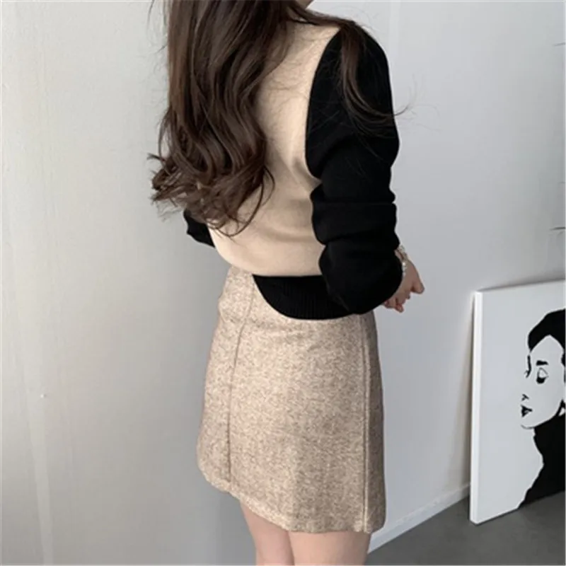 

Women Casual Sweater Autumn Winter Korean Style Vintage Stitching Color Patchwork Sweaters Bottoming Knitted Tops 5A096