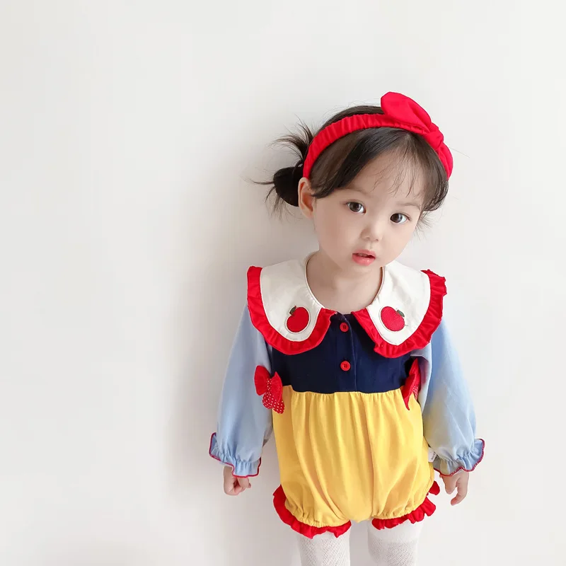

Patchwork High Waist Snow White Baby Girl Princess Dress Bowknot Long Sleeve Jumpsuit Leotard Set Send Headdress