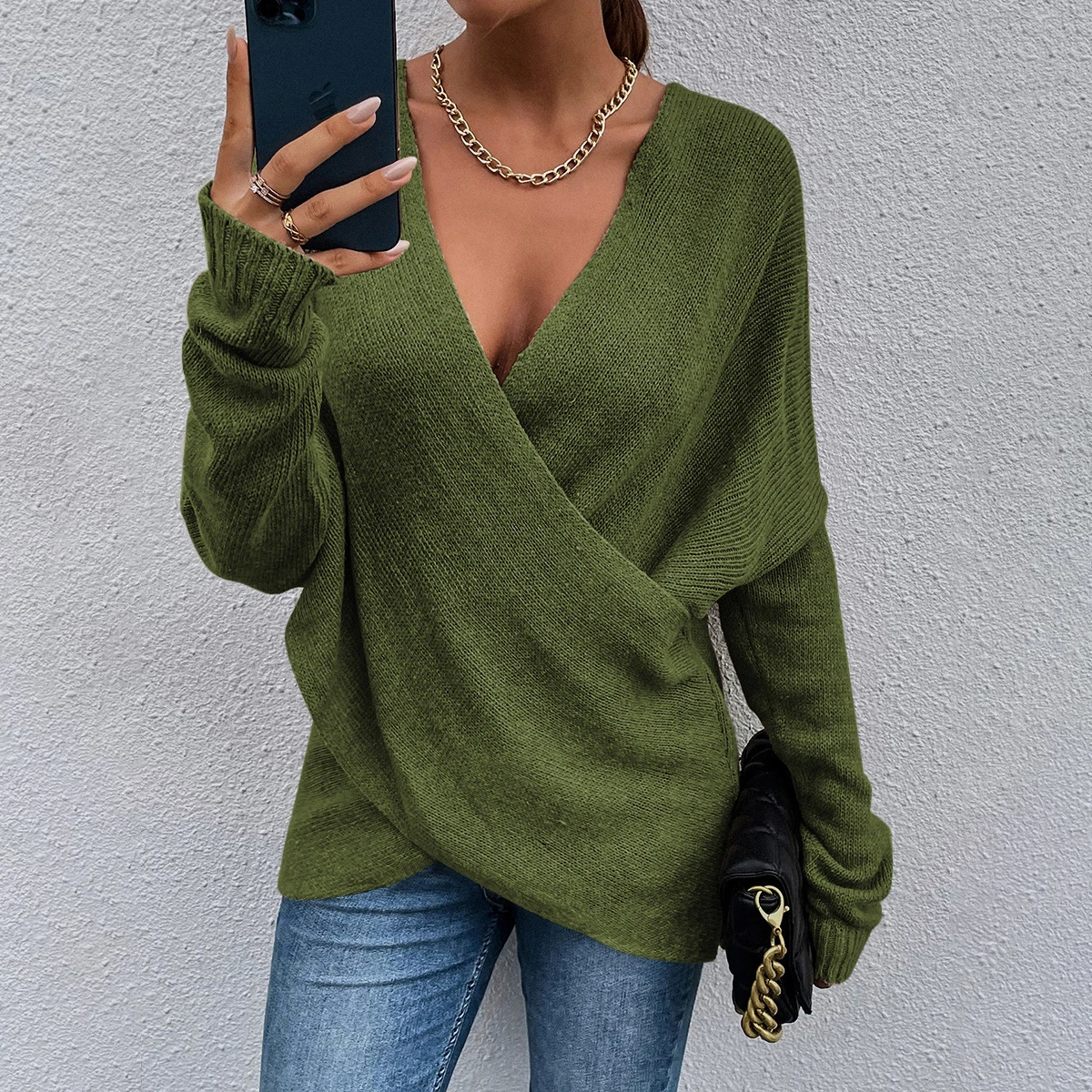 

Women Fall Winter Fashion Sweater New Autumn Casual V-neck Solid Long Sleeve Knit Pullover Ladies Cross Loose Jumpers Streetwear