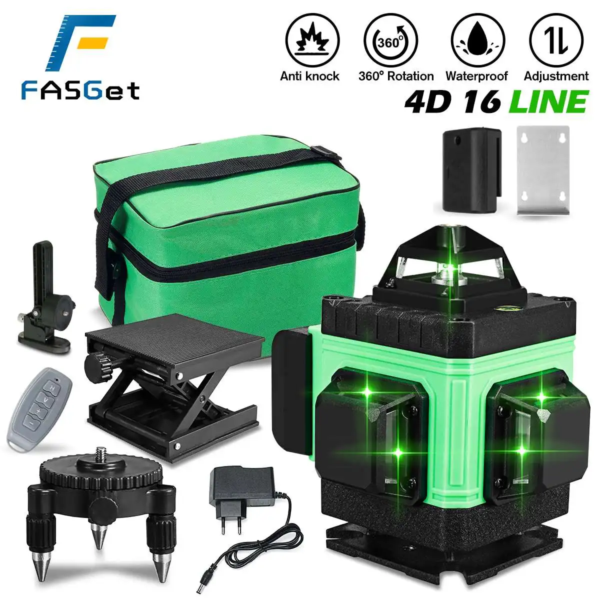 

FASGet 4D 16 Lines Laser Level Green Line Auto Self Leveling 4000mAhBattery Vertical Cross Line Remote Control Green Laser Level
