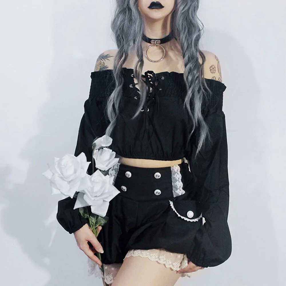 Женская блузка с открытыми плечами Rosetic Punk Rave черная Готическая блуза длинным