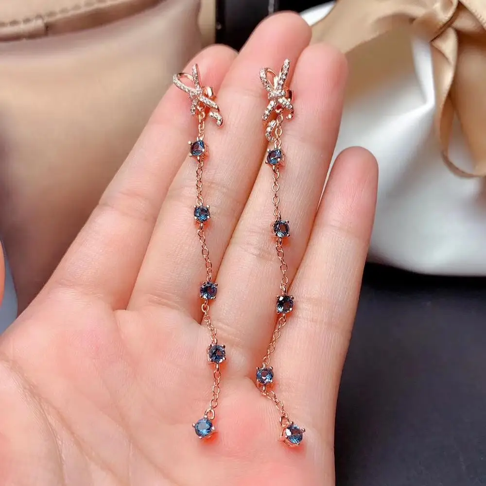 

elegant Bow line tassel natural London blue topaz drop earrings 925 silver Natural gemstone Ear line women party gift jewelry