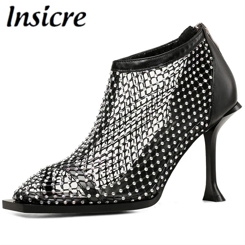 

Insicre Summer Bling Rhinestone Mesh Square Toe Sandals Ankle Boots Cow Leather Stiletto High Heels Female Zipper Crystal Shoes