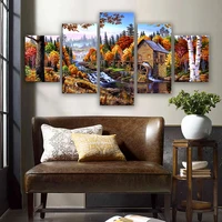 modern prints framed wall art 5 pieces wooden house forest river scenery paintings decor artworks canvas pictures modular poster
