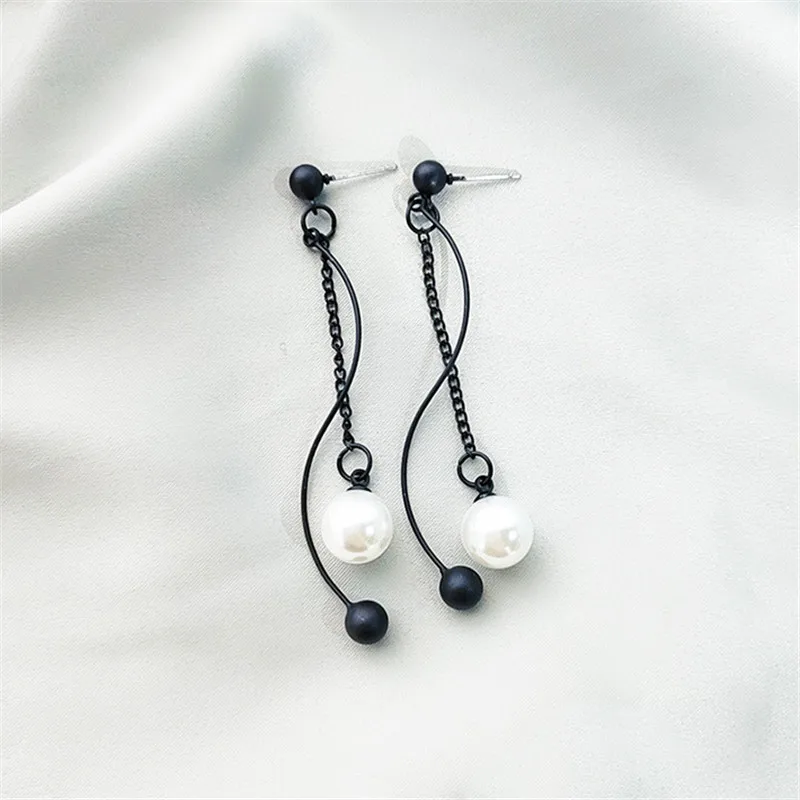Новинка Корейская версия черные серьги с длинной кисточкой элегантные жемчугом