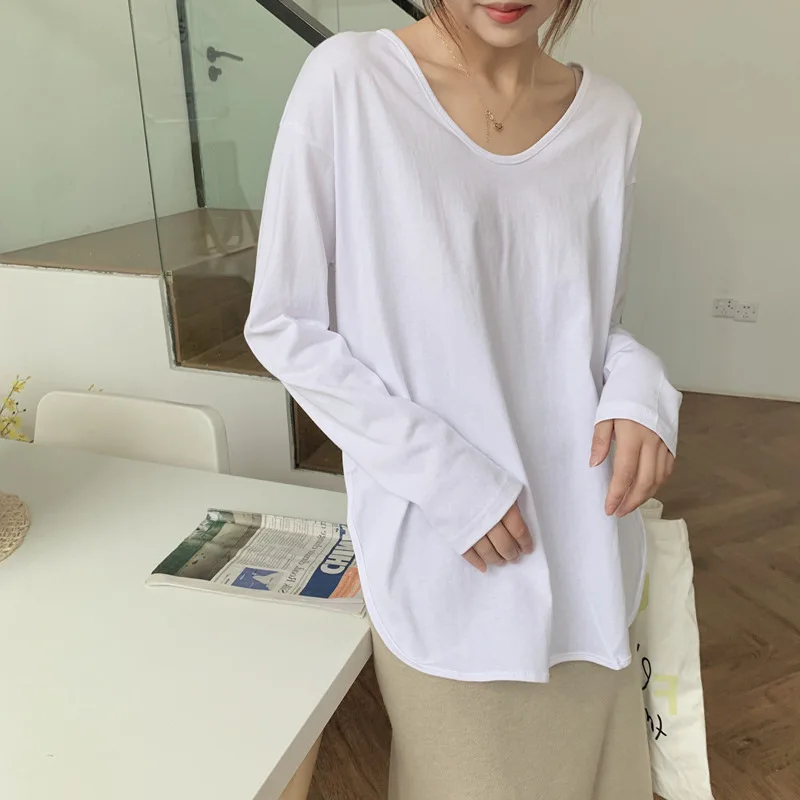 

Белая футболка с длинным рукавом и V-образным вырезом, Женская Базовая простая однотонная мешковатая Весенняя хлопковая футболка, элегантн...