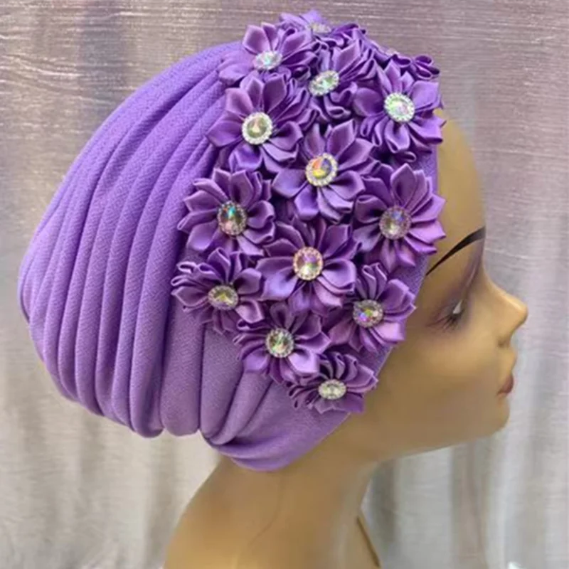 

Fashion Women Diamonds Flower Turban Cap Muslim Headscarf Bonnet Inner Hijabs Indian Hat Hair Accessorie Wholesale 12pcs/pack