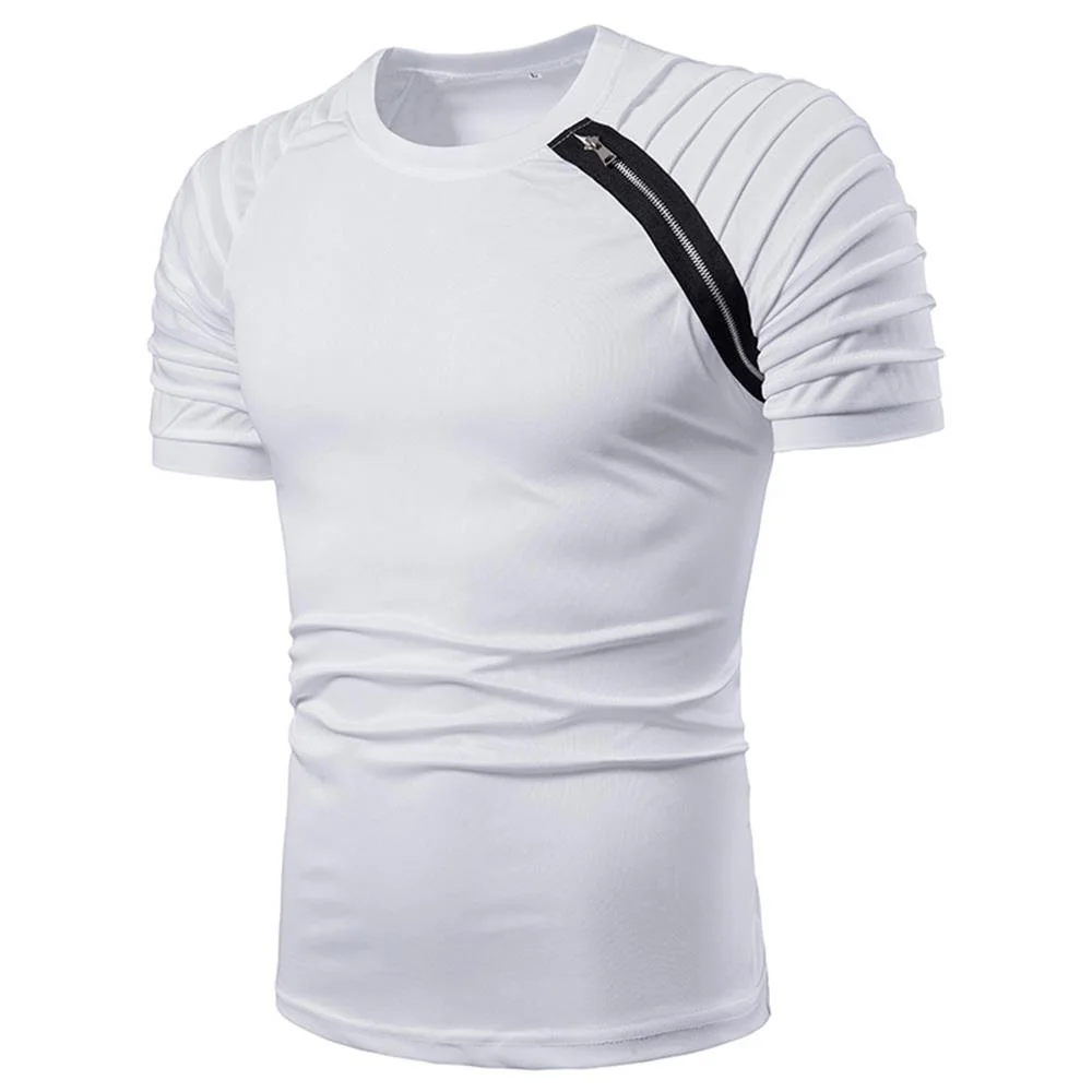 

Плиссированная Мужская футболка на молнии с коротким рукавом, украшение, летний топ, однотонная мужская одежда с коротким рукавом, уличная ...