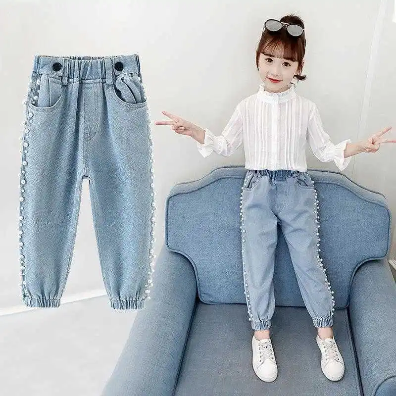 

2021 spring autumn Kids Jeans For Girls Lovely Children demin Pants Casual Trouses teen Girls Jeans For 4 6 8 10 12 14Y