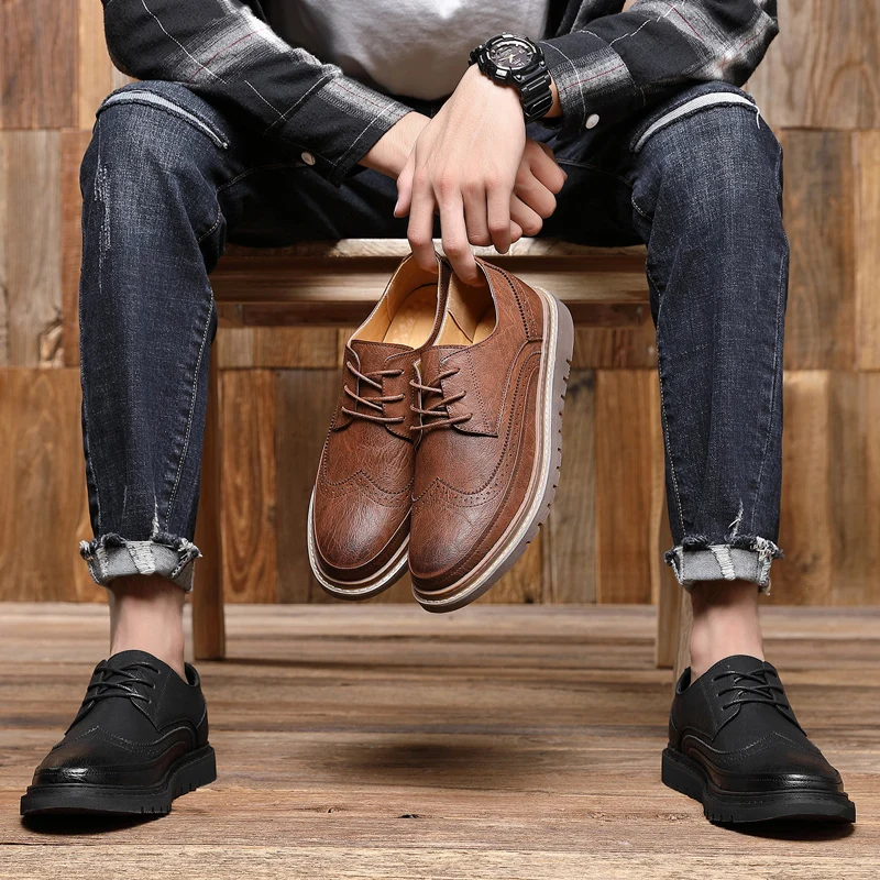 

Low Mens Leather Fashion Sneakers Brogue Casual Oxfords Flats Skateboarding Cut Trend Creepers Brand Design Shoes