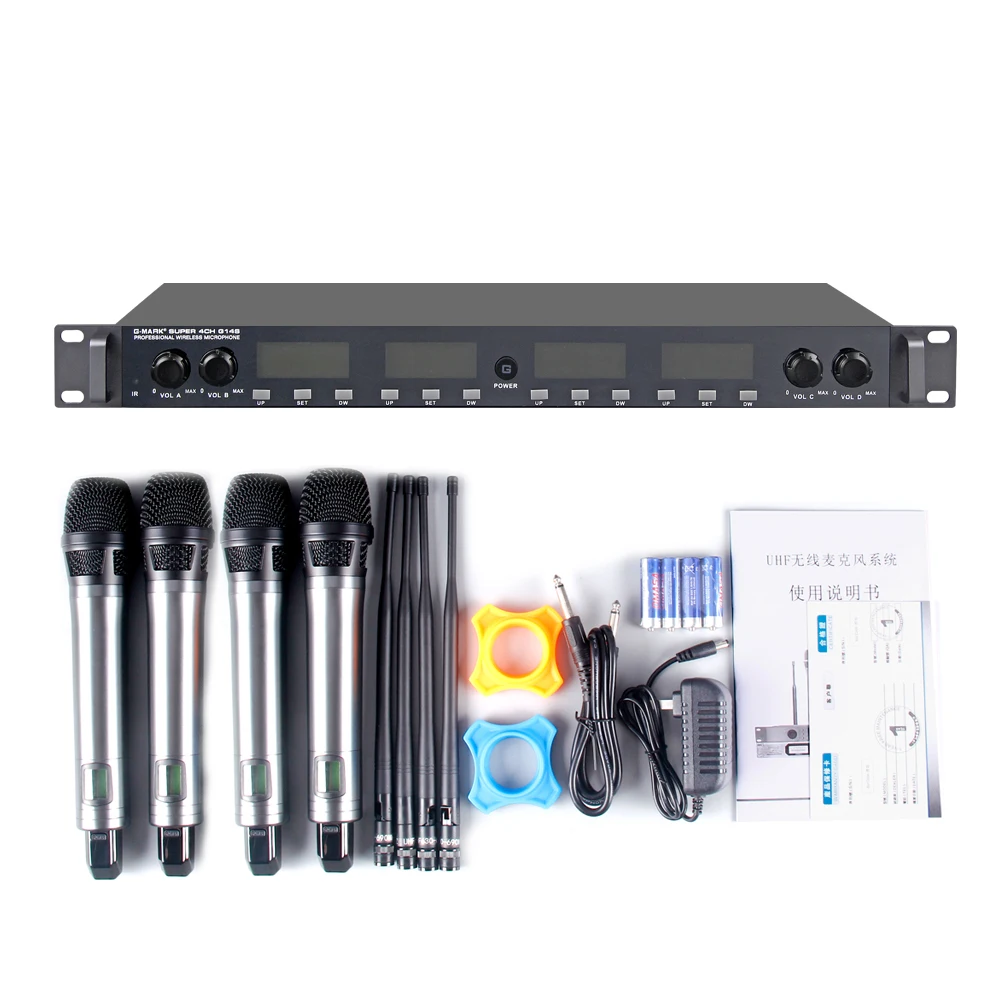 4 Канала беспроводного микрофона G-MARK G14S UHF Вручную Микрофон Выбираемой Частотой Изготовленный из Металла 150м Для Церковной Сцены Речи.