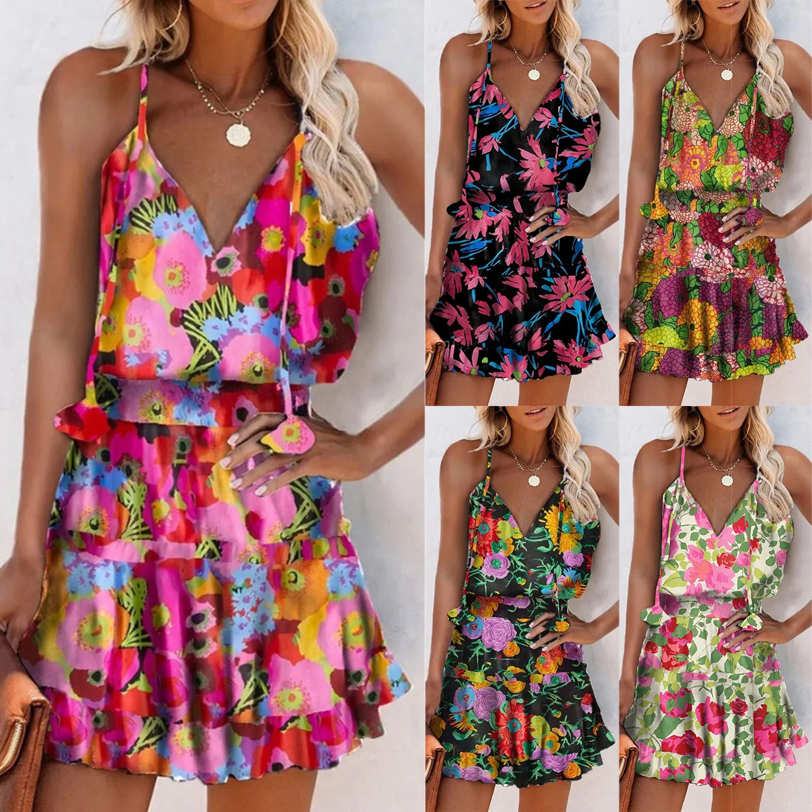 

Bohemia Y2K Women Mini Dress Summer Dress Floral Print Sleeveless Tank Dress Ruffle Female Party Dresses Robe Vestidos Mujer