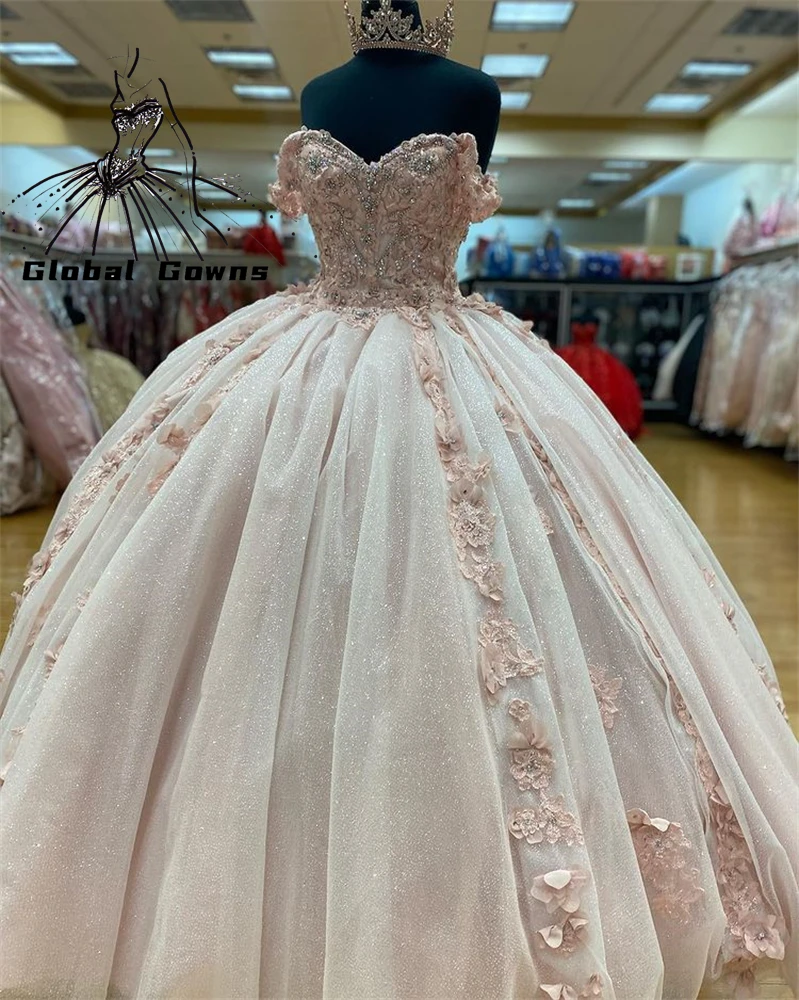 

Charming Nude Pink Beaded 3D Flowers Ball Gown Princess Sweet 16 15 Dress Quinceanera Dresses Birthday Party Robe De Bal