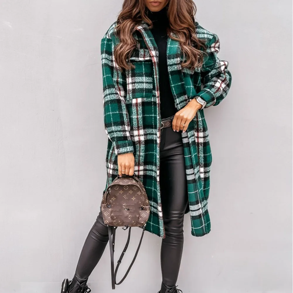 

Loose Patchwork Single-Breasted Notched Lapel Women's Woolen Overcoat Lattice Printing Thicken Warm Fashion Casual Simplicity