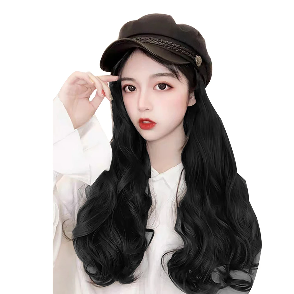 Women Long Wave Straight Wig Hairpiece Hair Extension with Peaked Cap Hat Multicolor Naturally Connect Hat Wig Adjustable