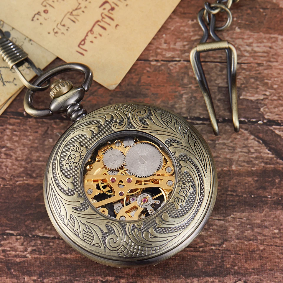 Retro Bronze Gold Mechanical Pocket Watch Vintage Hollow Gear Engraved Pocket Watches Fob Chain Necklace Flip Hand Winding Clock