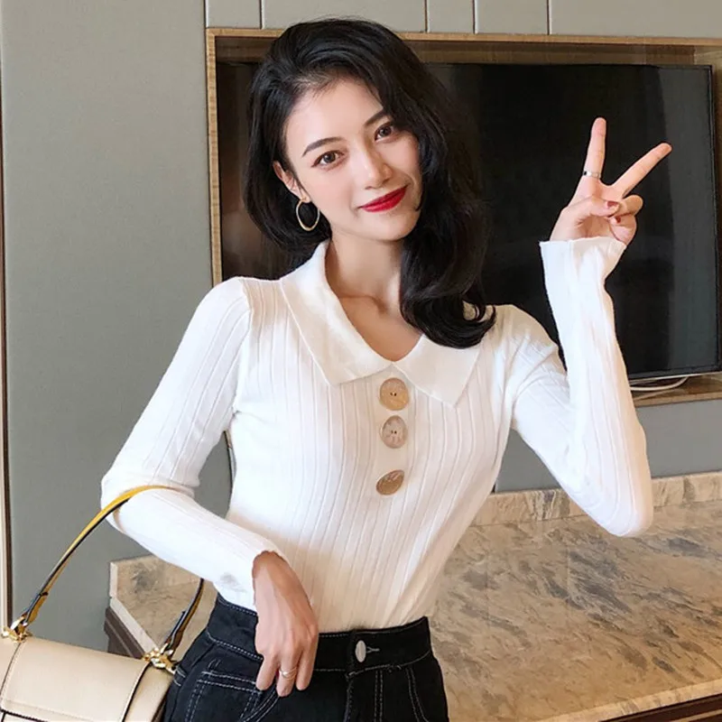 

EFINNY Casual Women Solid Sweater Pullovers Long Sleeve Button V-neck chic Sweater Female Slim Knit Top Soft Jumper