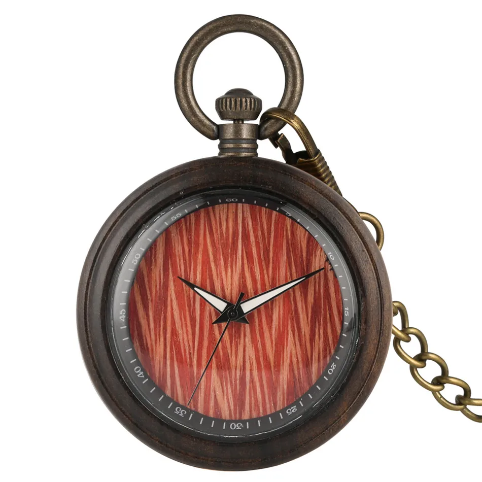 

Unique Luminous Hands Red Ripple Display Quartz Pocket Watch Natural Ebony Wood Pendant Clock Vintage Bronze Chain Watch