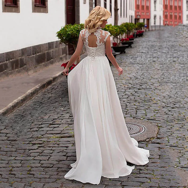 

Hi Shy Bride New simple wedding dress backless sleeveless design chiffon lace bride dresses princess dress plus size tailor-made