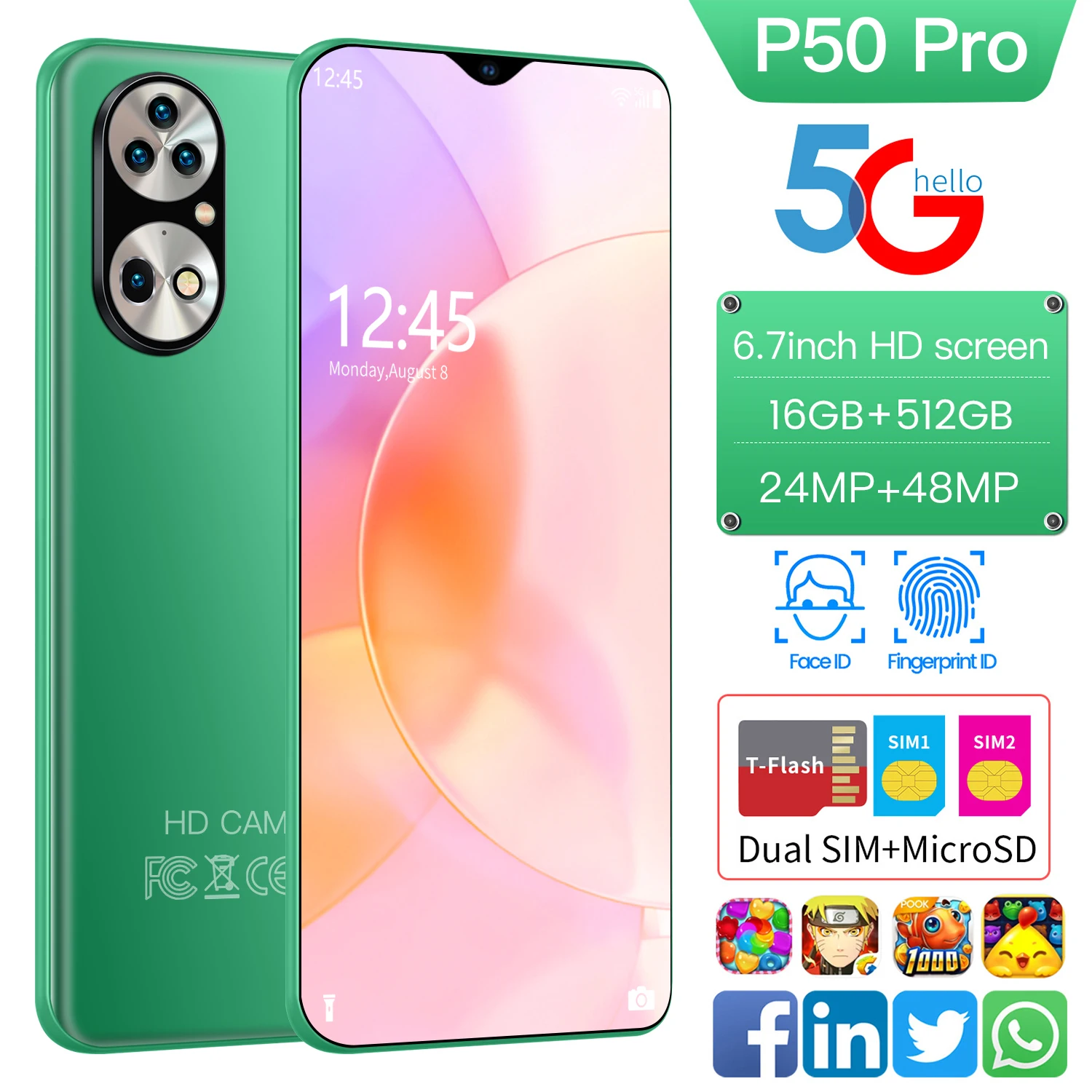 Новое поступление телефон P50 Pro 6 7 дюйма смартфон 12 Гб + 512 Камера 48 МП 6000 мАч