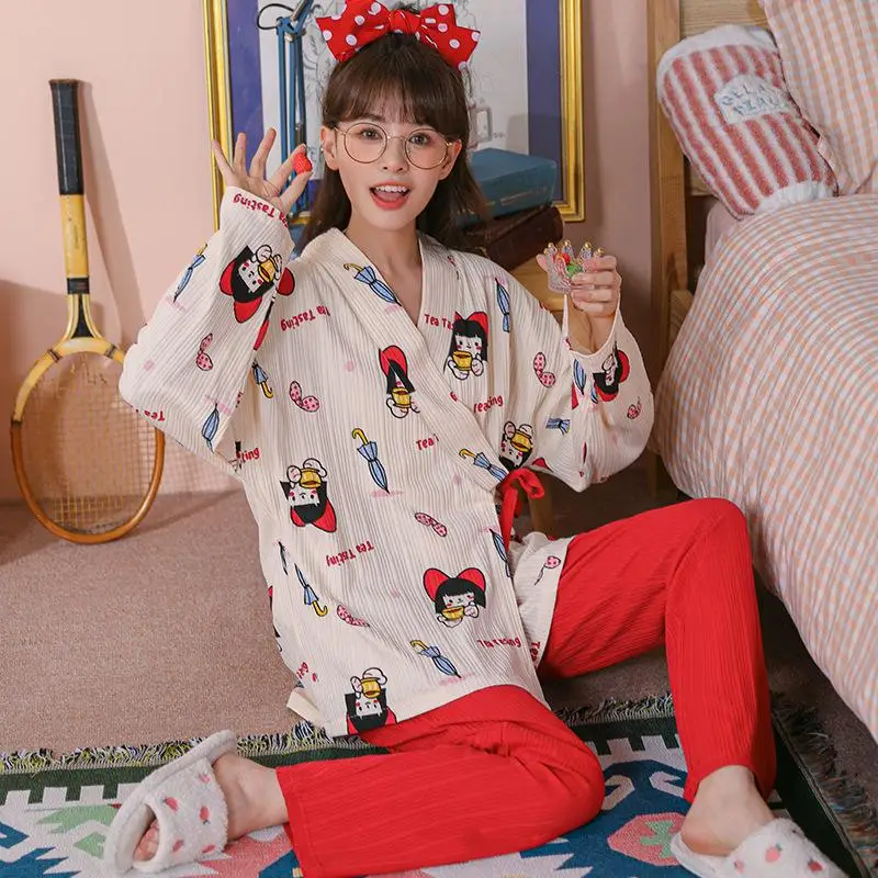 Women Pajamas Set Long Sleeve Cotton Nightgown Knitted Cotton Casual and Comfortable Pajamas 2 Pieces Sleepwear Home Clothes