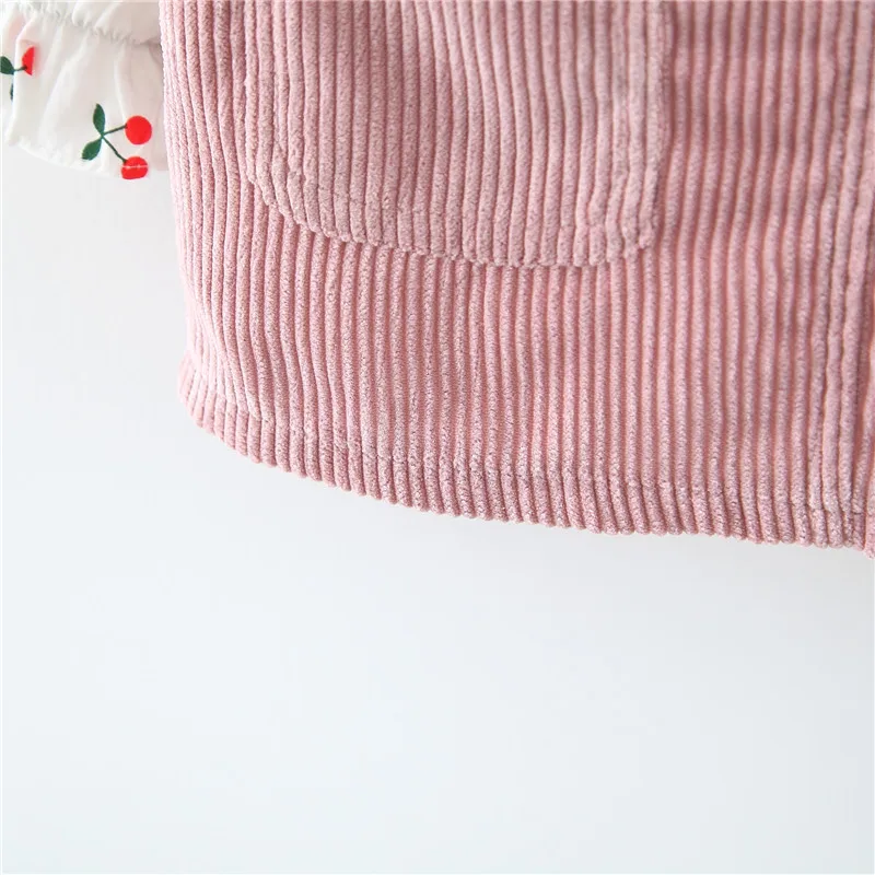 Платье для маленьких девочек осенняя одежда для маленьких принцесс Милая футболка с длинными рукавами и принтом вишни топы с вельветовым платьем комплекты одежды из 2 предметов