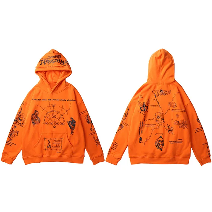 

2020 Hip Hop Hoodie Sweatshirt Men Streetwear Skull Graffiti Print Hoodie Pullover Cotton Autumn Grey Harajuku Punk Clothes New
