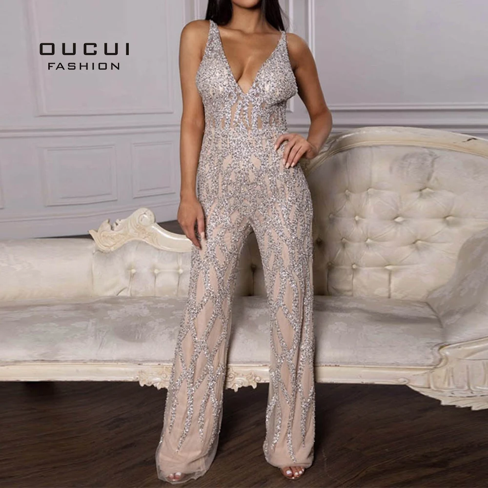 Женский Длинный вечерний комбинезон с V образным вырезом без рукавов|Вечерние