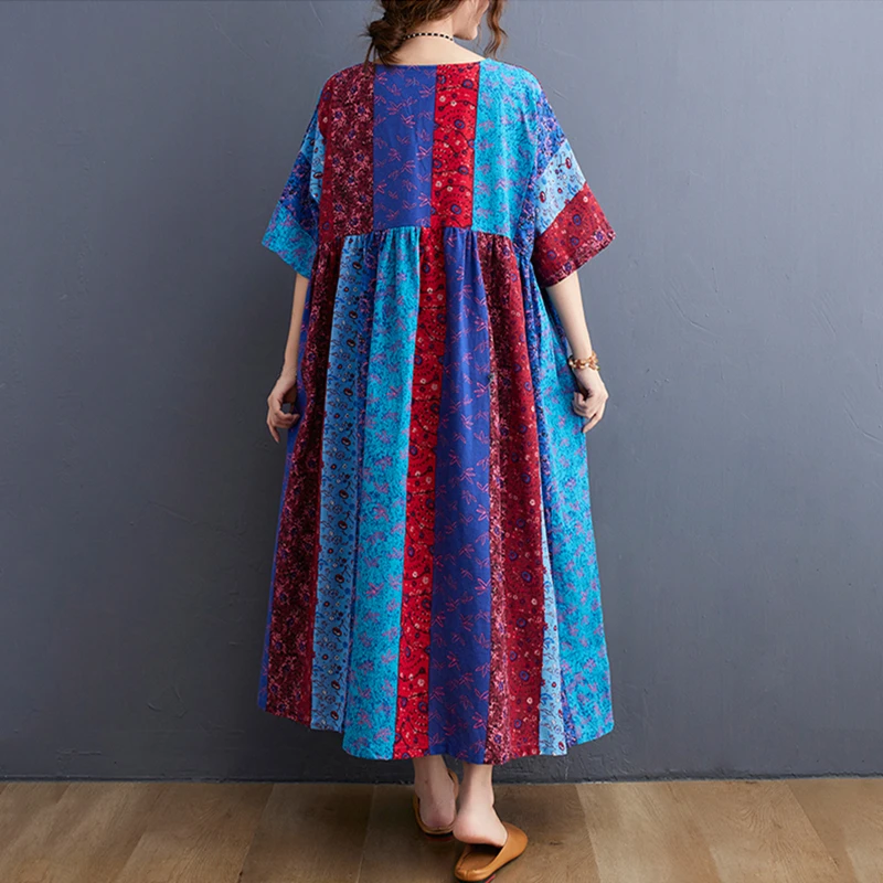 

Short Sleeve Oversized Vintage Cotton Stripe Floral Dresses For Women Casual Loose Long Summer Ladies Dress Elegant Clothes 2021