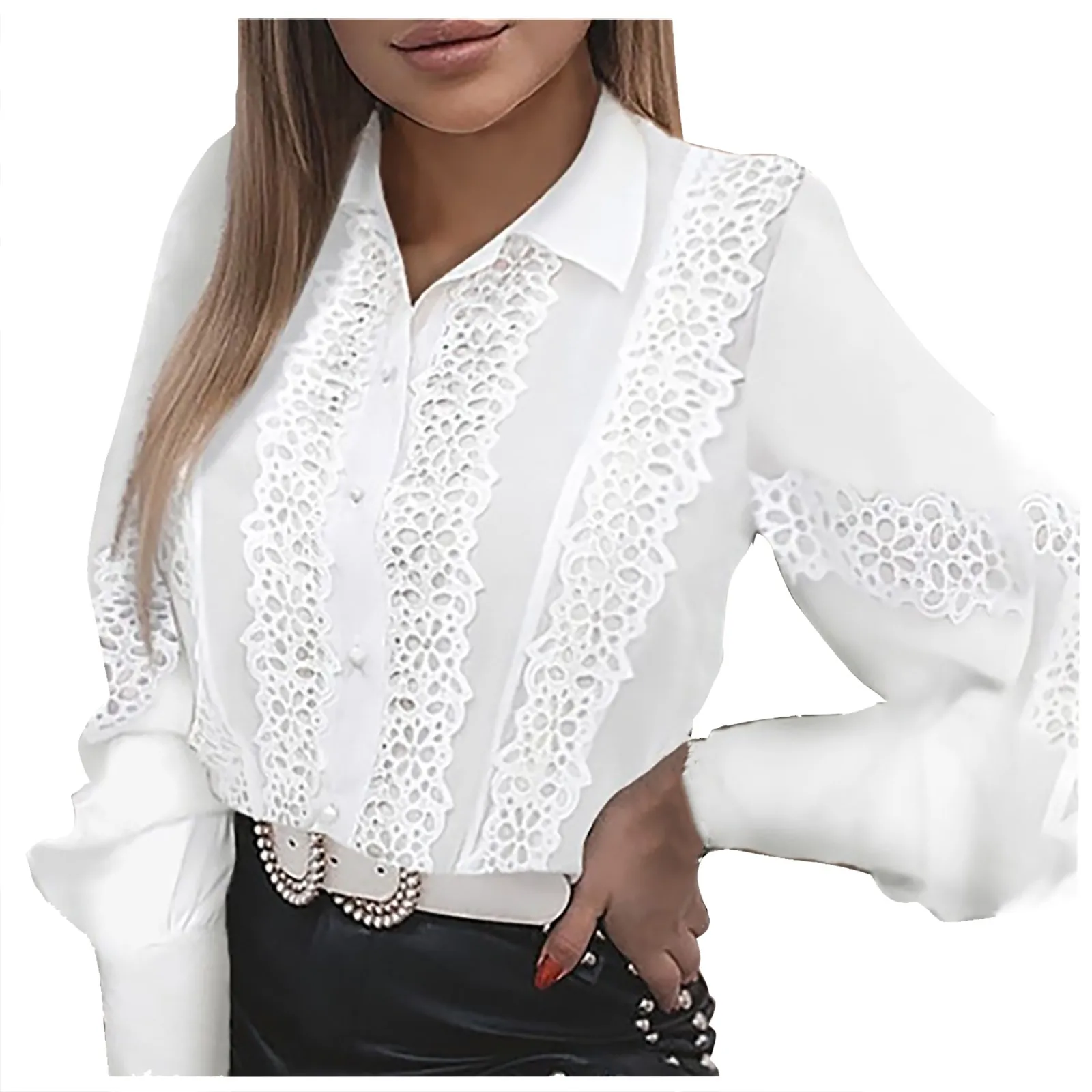 

White Lace Tops Women Splicing Blouses Down Collar Long Sleeve Office Lady Work Women's Shirt Spring Blouses Femme