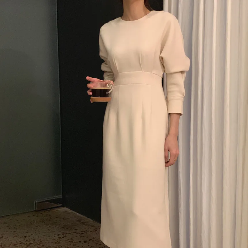 

Autumn Elegant Slim Waist Skirt Women Solid Color Long Sleeve Split Office Lady Vestidos Dresses